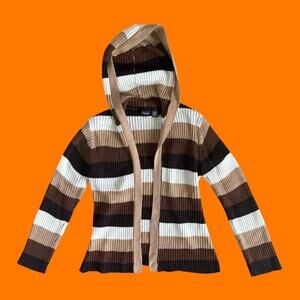 00's vintage earthy striped hooded y2k open front sweater cardigan LARGE